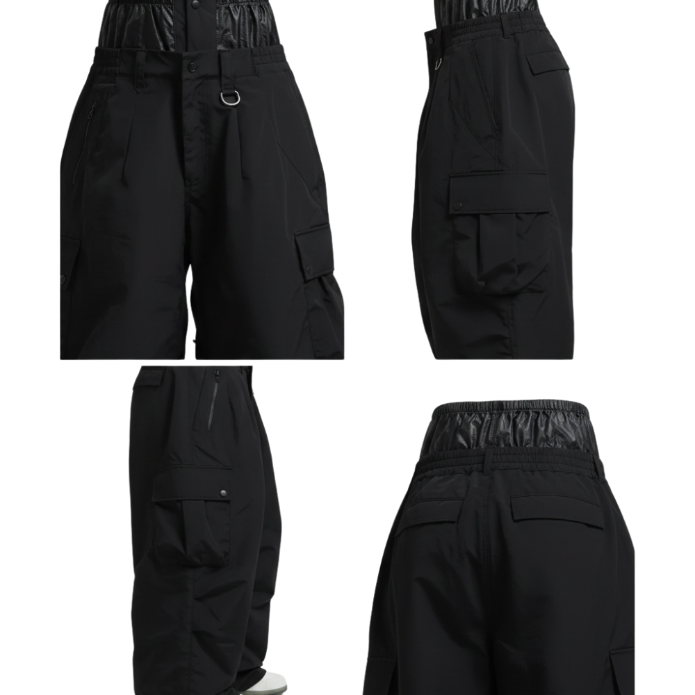 Cztery odsłony Spodnie zimowe męskie szeroki krój regularny na warunki zimowe marki Arkadya Outlet, z błyszczącym pikowanym paskiem w talii, wieloma kieszeniami, detalem D-ring z przodu i luźnymi szerokimi nogawkami - idealne na chłodne warunki.