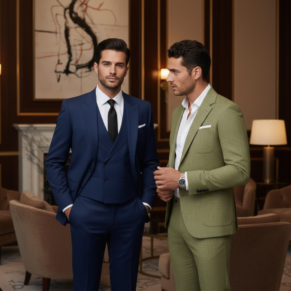 Dwóch mężczyzn w garniturach stoi w eleganckim, nowoczesnym pokoju z beżowymi fotelami i abstrakcyjną sztuką. Jeden ma na sobie niebieski garnitur z krawatem, ręce w kieszeniach; drugi, jasnozielony garnitur, stoi z jedną ręką w kieszeni, obaj wyglądają poważnie.