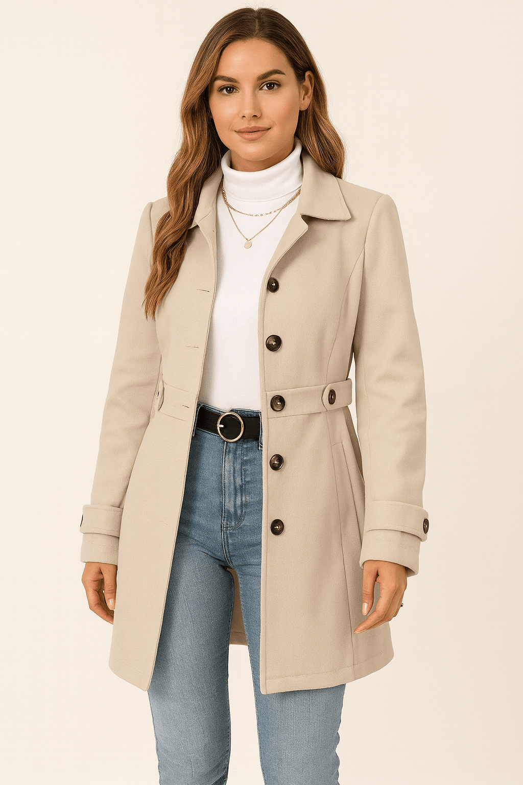 Płaszcz Damski | Dwurzędowy krój z paskiem i guzikami przy mankietach - Arkadya Outlet - Coats