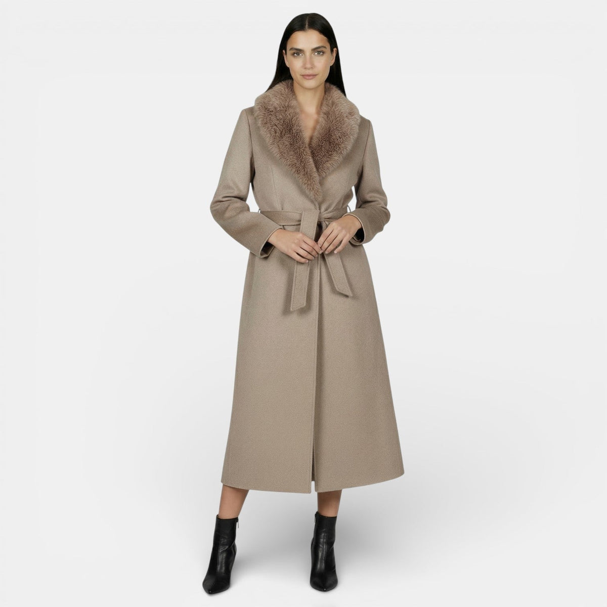Płaszcz Damski | Maxi długość z kołnierzem i wiązaniem w pasie - Arkadya Outlet - Coats