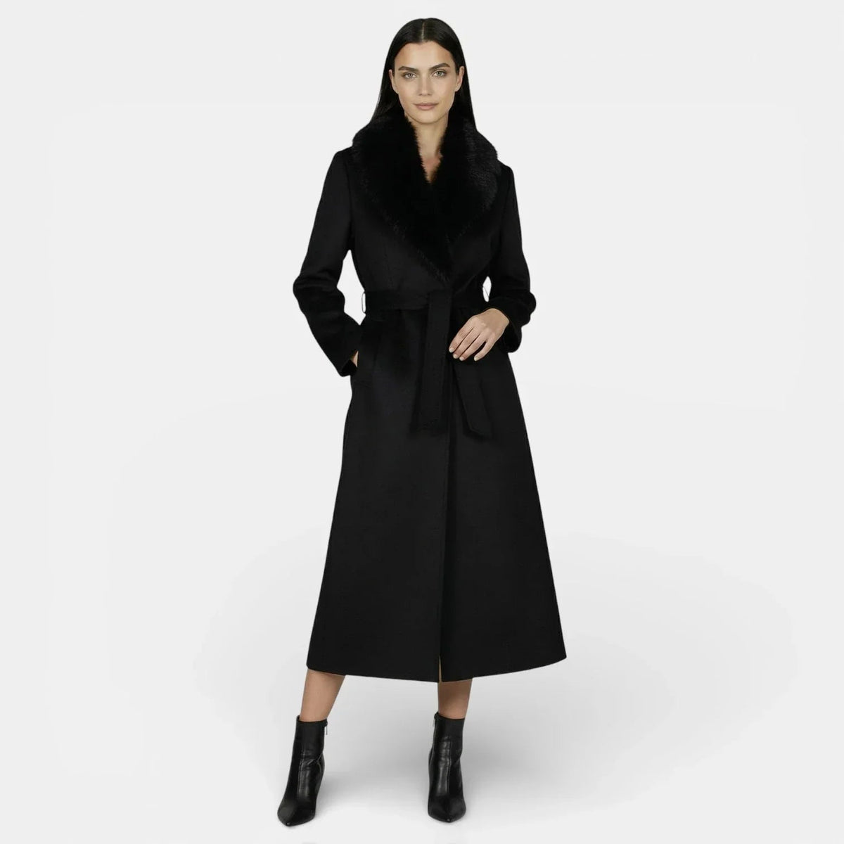 Płaszcz Damski | Maxi długość z kołnierzem i wiązaniem w pasie - Arkadya Outlet - Coats