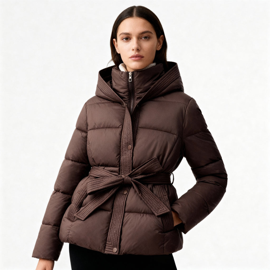 Płaszcz Damski | Pikowany krój z paskiem i kapturem - Arkadya Outlet - Coats