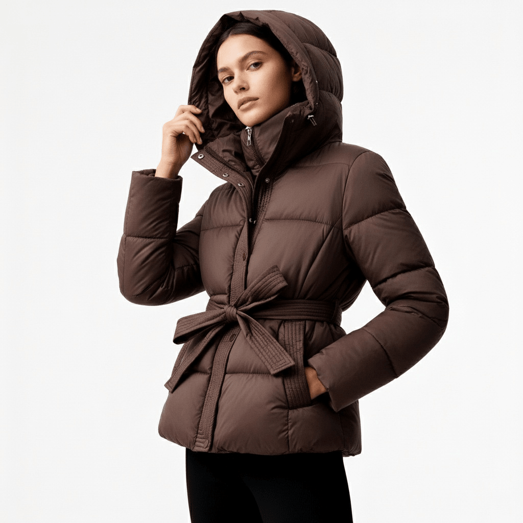 Płaszcz Damski | Pikowany krój z paskiem i kapturem - Arkadya Outlet - Coats