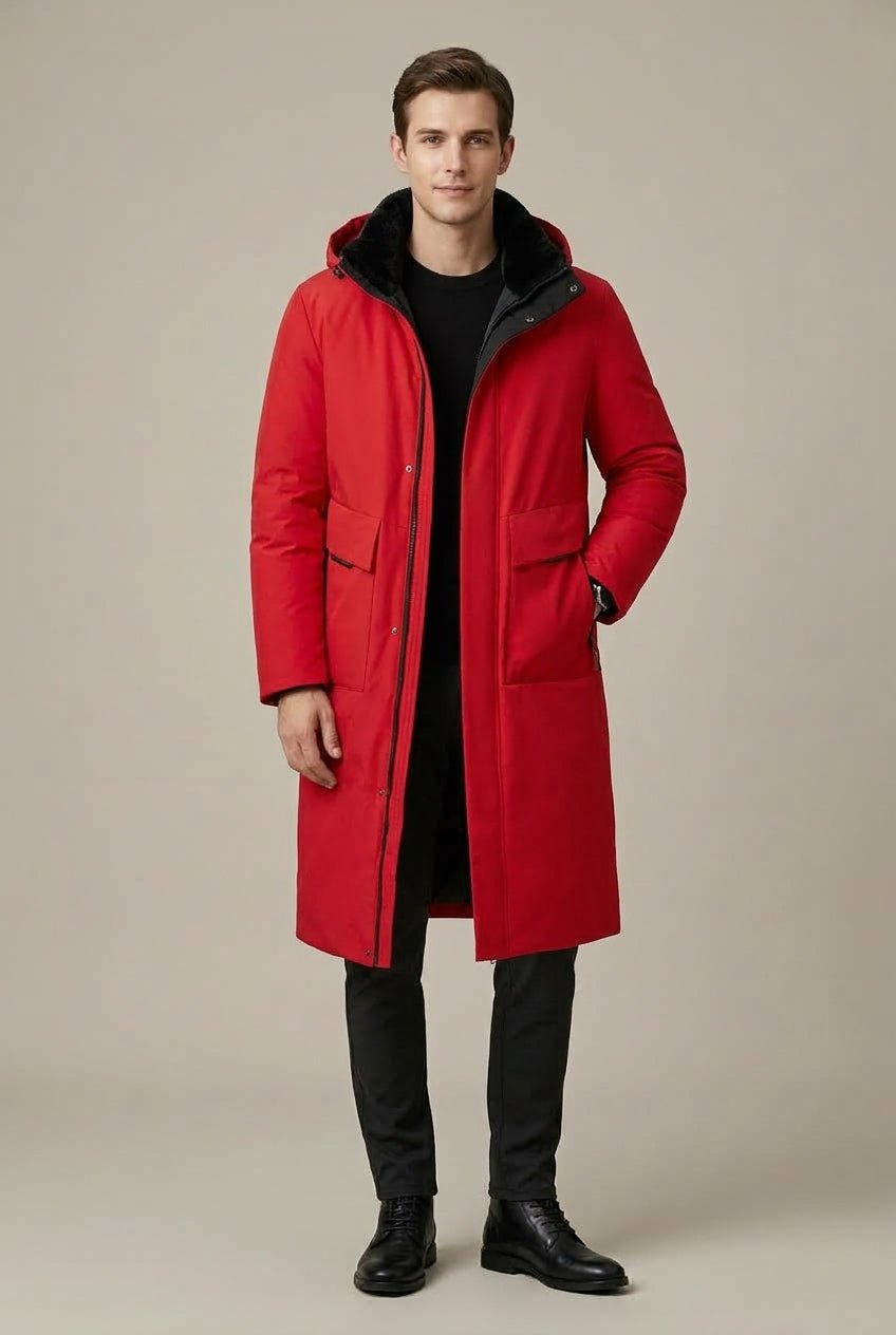Płaszcz Męski z Kapturem | Długi krój z kołnierzem lejkowym - Arkadya Outlet - Coats