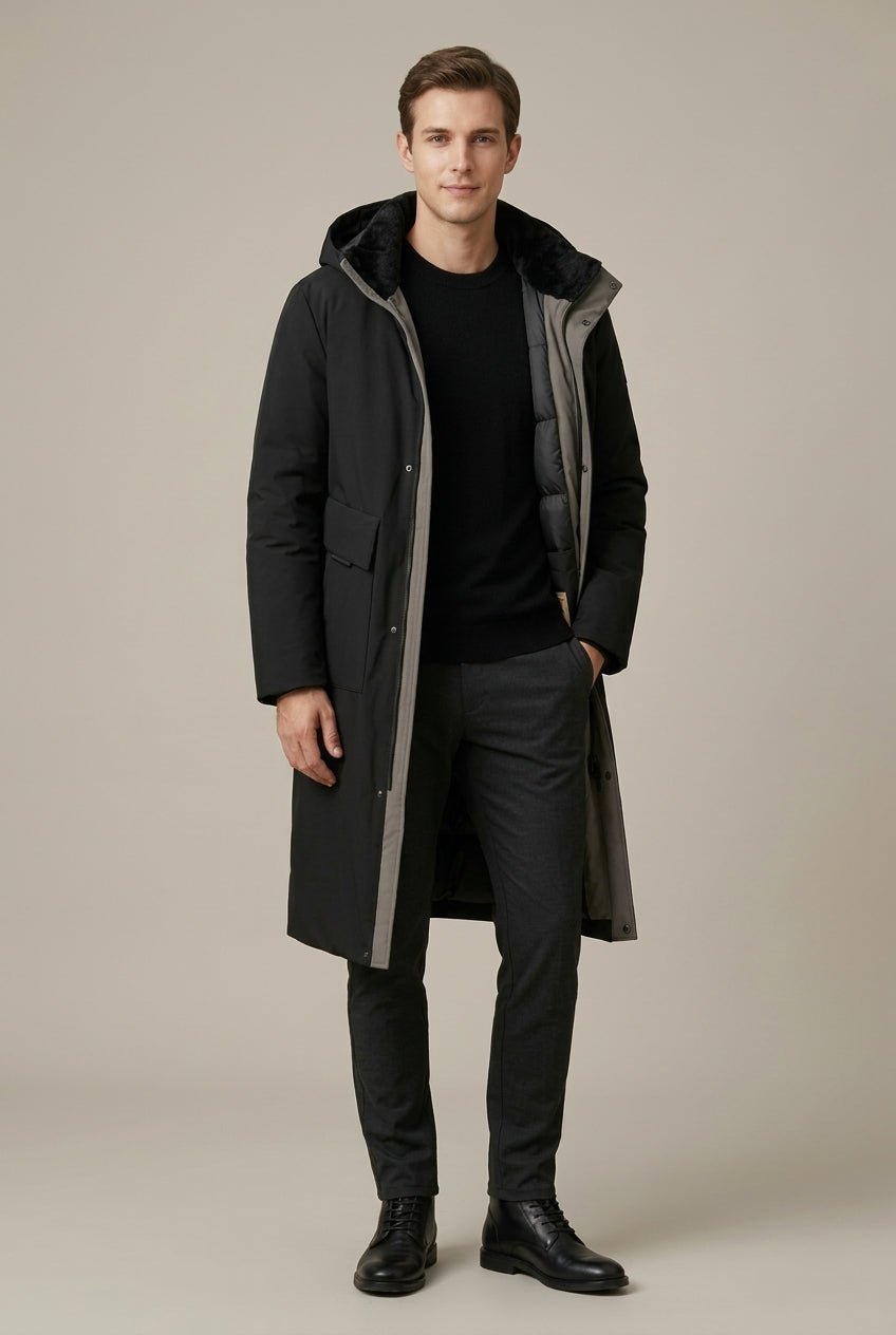 Płaszcz Męski z Kapturem | Długi krój z kołnierzem lejkowym - Arkadya Outlet - Coats