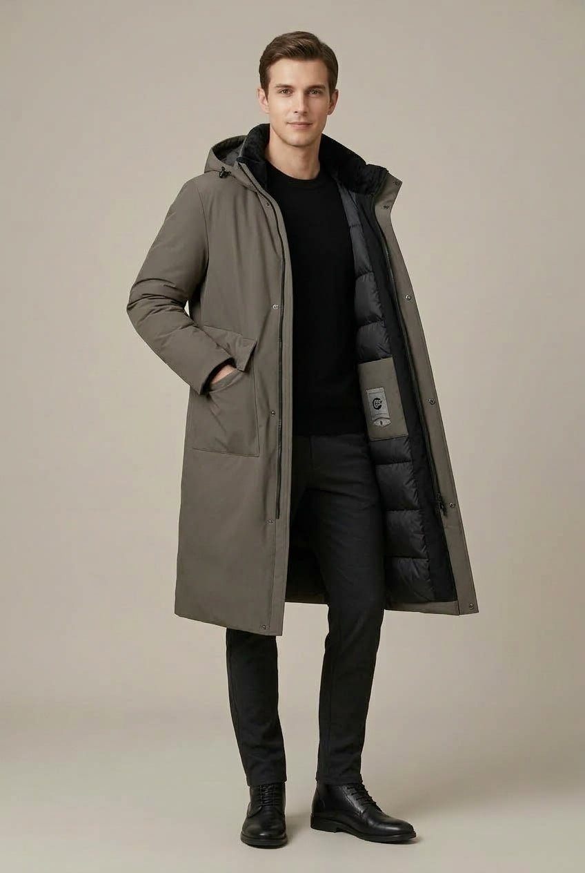 Płaszcz Męski z Kapturem | Długi krój z kołnierzem lejkowym - Arkadya Outlet - Coats