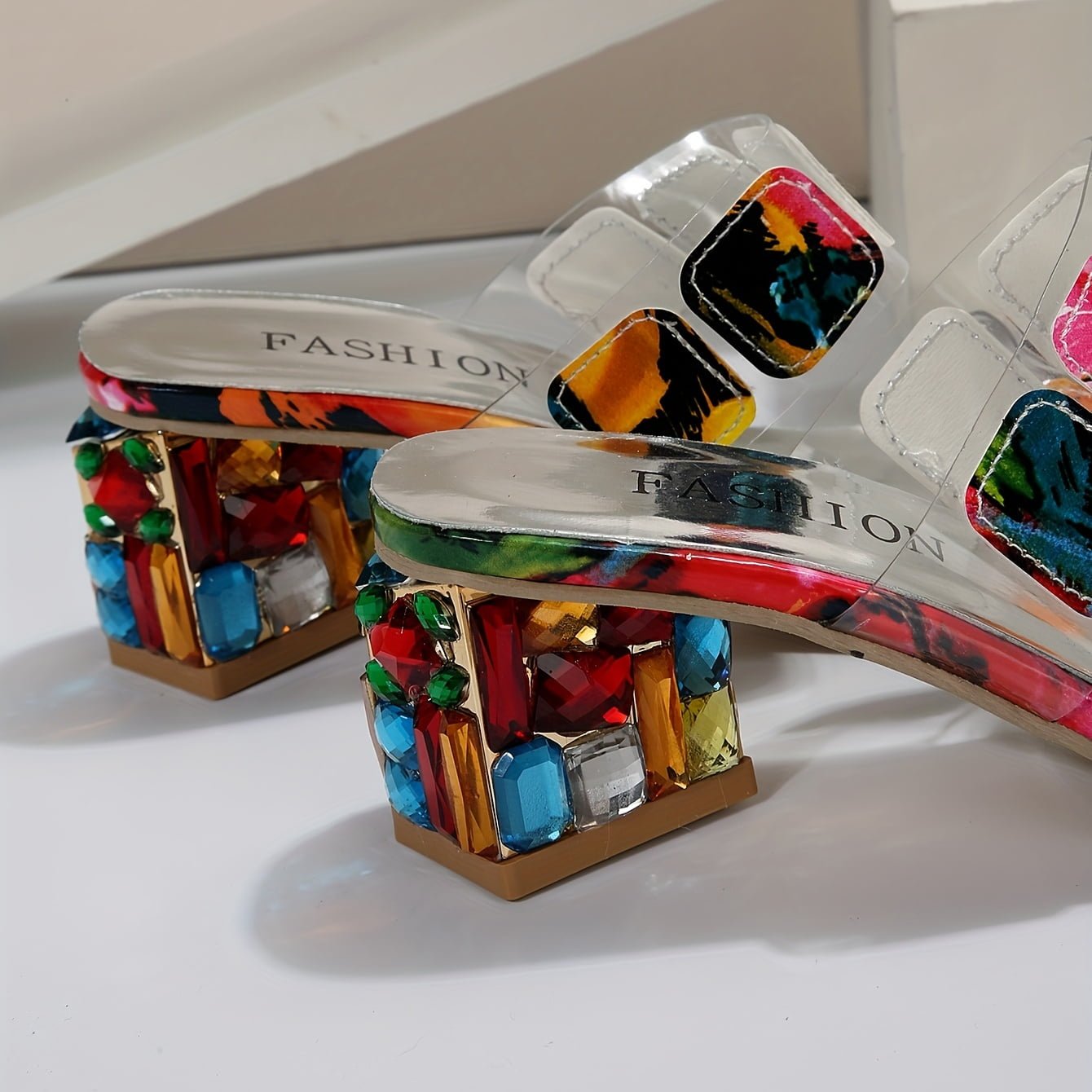 Sandały damskie na słupku wsuwane – dwa paski - Arkadya Outlet - Women Sandals