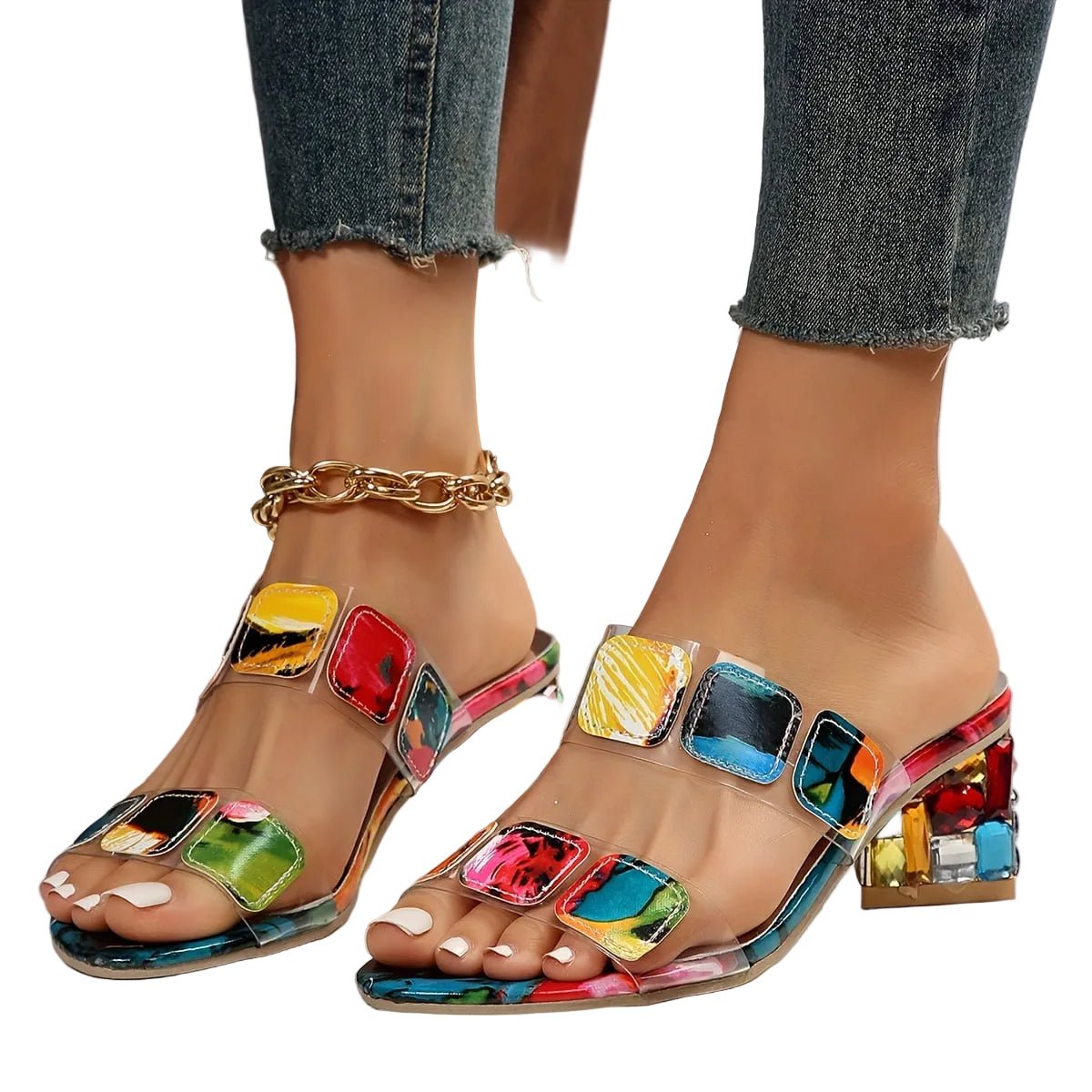 Sandały damskie na słupku wsuwane – dwa paski - Arkadya Outlet - Women Sandals