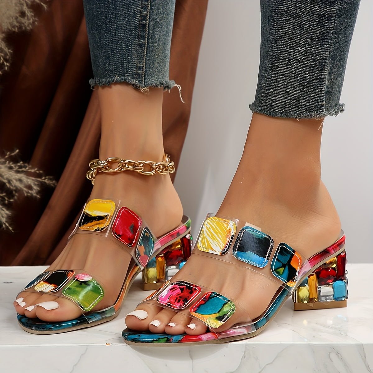 Sandały damskie na słupku wsuwane – dwa paski - Arkadya Outlet - Women Sandals