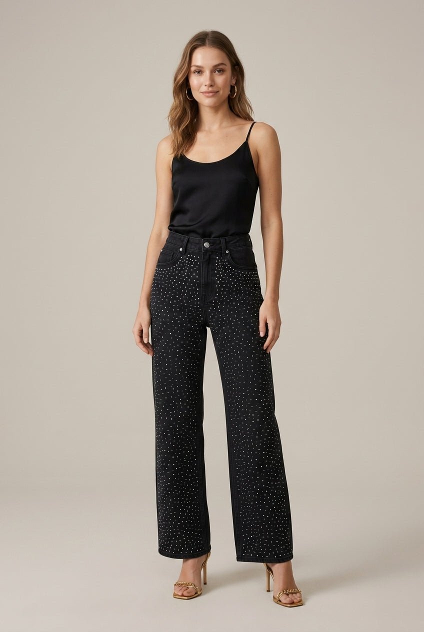 Spodnie Damskie | Wysoki Stan i Szerokie Nogawki z Zdobieniem - Arkadya Outlet - Trousers