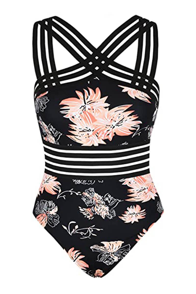 Strój kąpielowy damski jednoczęściowy z dekoltem halter i półprzezroczystym panelem w talii - Arkadya Outlet - Women Swimwear