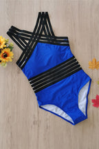 Strój kąpielowy damski jednoczęściowy z dekoltem halter i półprzezroczystym panelem w talii - Arkadya Outlet - Women Swimwear