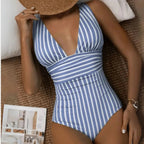 Strój kąpielowy damski jednoczęściowy z wiązaniem na szyi i dekoltem V – wyjmowane wkładki - Arkadya Outlet - Women Swimwear