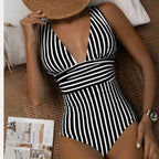 Strój kąpielowy damski jednoczęściowy z wiązaniem na szyi i dekoltem V – wyjmowane wkładki - Arkadya Outlet - Women Swimwear