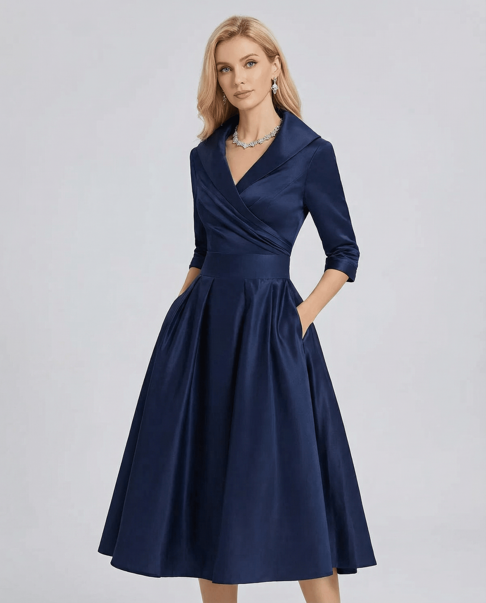Sukienka A - line z kołnierzem i plisowaną talią - Arkadya Outlet - Women Midi Dress