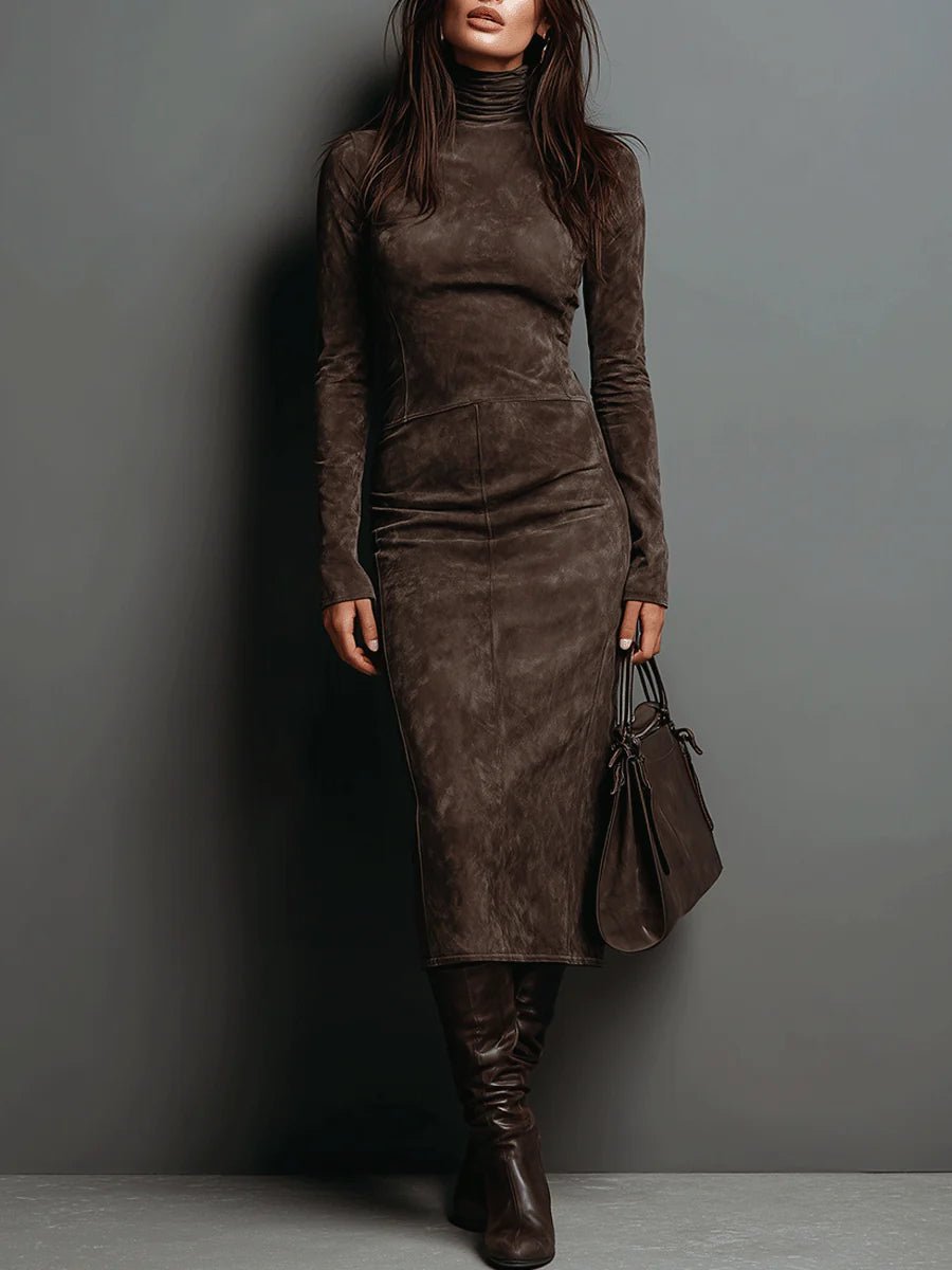 Sukienka Damska | Dopasowana midi z wysokim dekoltem i długim rękawem - Arkadya Outlet - Dresses