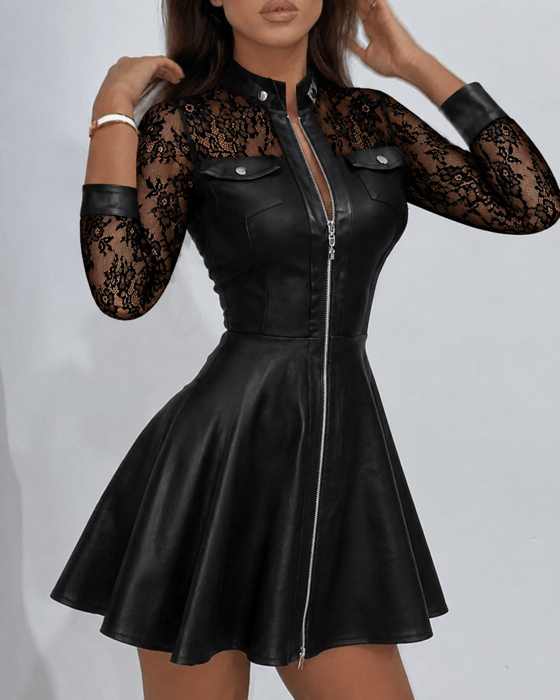 Sukienka Damska | Krój A-line z koronkowymi rękawami mini - Arkadya Outlet - Dresses