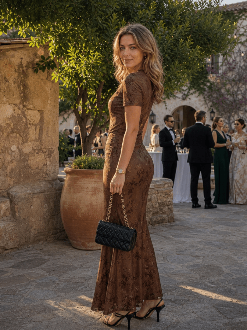 Sukienka Damska | Kwiatowy wzór z marszczeniem w talii maxi - Arkadya Outlet - Dresses