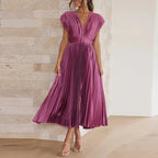 Sukienka Damska Maxi | Dekolt V z Plisowanym Dołem - Arkadya Outlet - Dresses