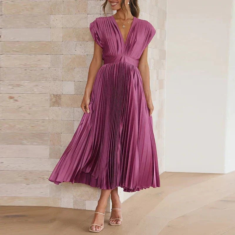 Sukienka Damska Maxi | Dekolt V z Plisowanym Dołem - Arkadya Outlet - Dresses