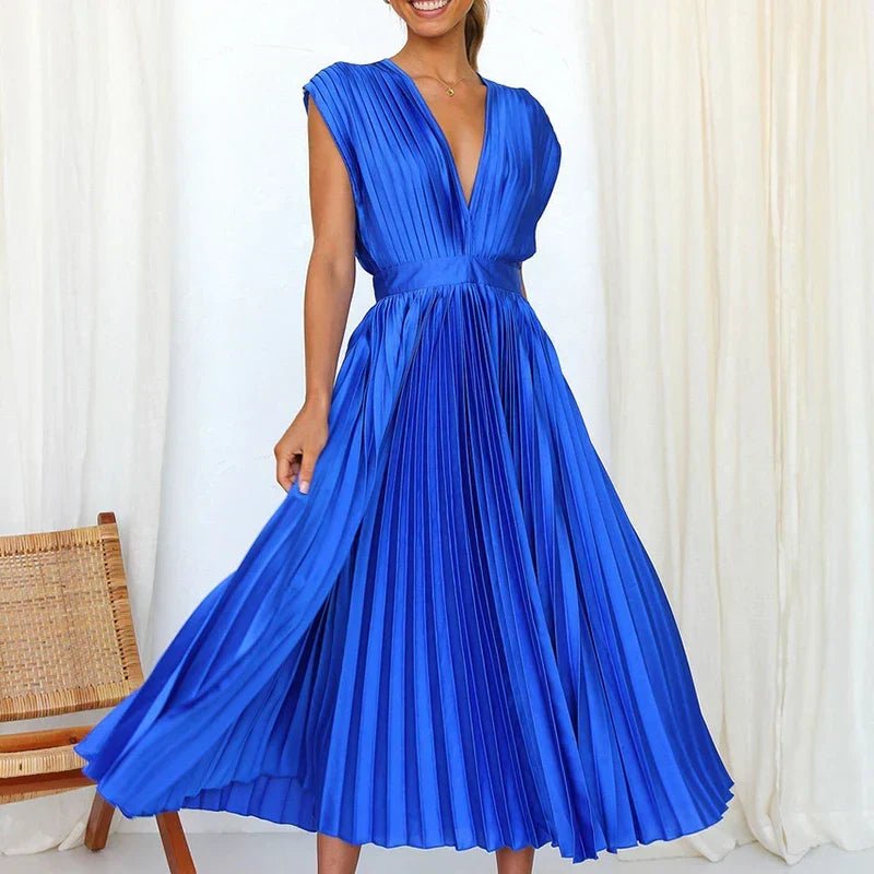 Sukienka Damska Maxi | Dekolt V z Plisowanym Dołem - Arkadya Outlet - Dresses