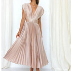 Sukienka Damska Maxi | Dekolt V z Plisowanym Dołem - Arkadya Outlet - Dresses