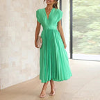 Sukienka Damska Maxi | Dekolt V z Plisowanym Dołem - Arkadya Outlet - Dresses