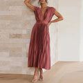 Sukienka Damska Maxi | Dekolt V z Plisowanym Dołem - Arkadya Outlet - Dresses