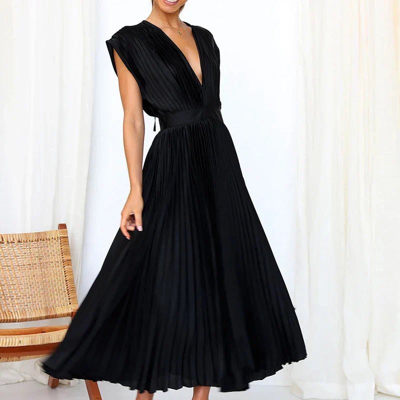 Sukienka Damska Maxi | Dekolt V z Plisowanym Dołem - Arkadya Outlet - Dresses