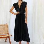 Sukienka Damska Maxi | Dekolt V z Plisowanym Dołem - Arkadya Outlet - Dresses