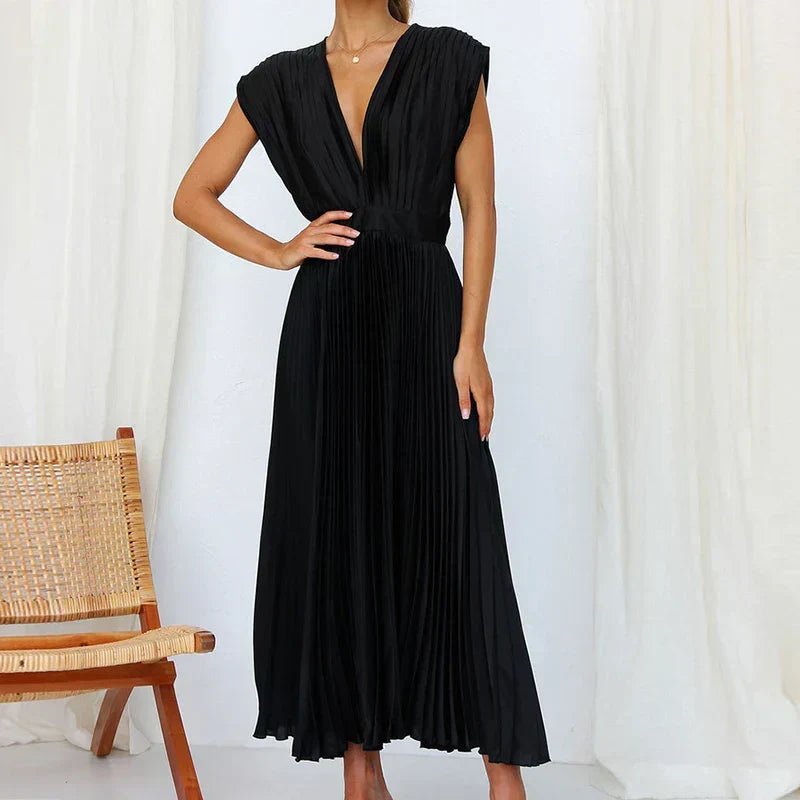 Sukienka Damska Maxi | Dekolt V z Plisowanym Dołem - Arkadya Outlet - Dresses