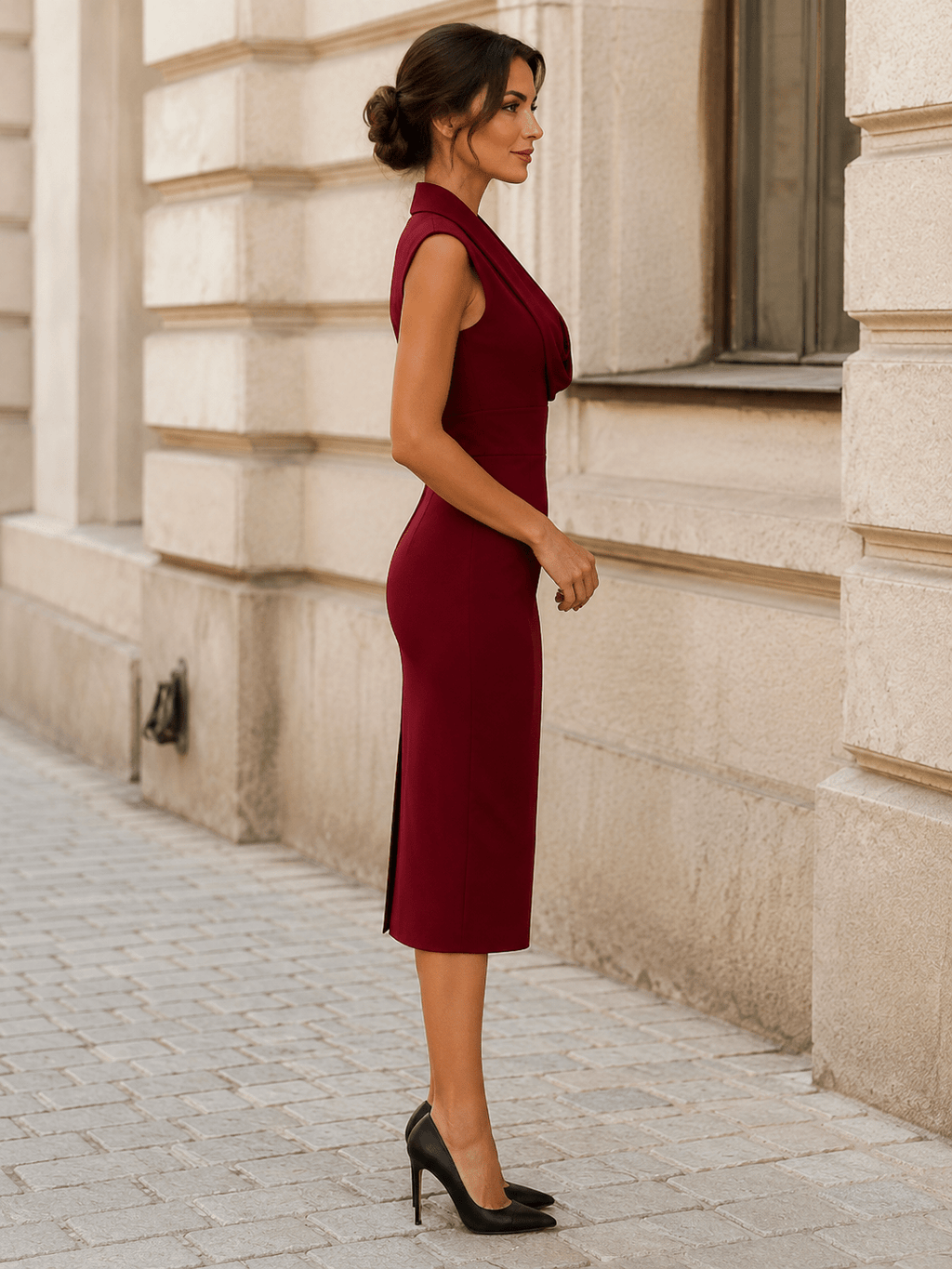Sukienka Damska Midi | Bodycon z Dekoltem Cowl i Poduszkami - Arkadya Outlet - Dresses