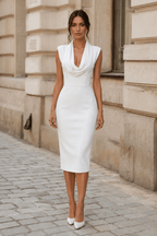 Sukienka Damska Midi | Bodycon z Dekoltem Cowl i Poduszkami - Arkadya Outlet - Dresses