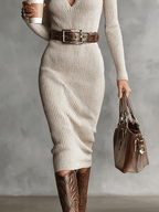 Sukienka Damska | Midi Bodycon z Półzamkiem i Paskiem - Arkadya Outlet - Dresses