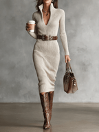 Sukienka Damska | Midi Bodycon z Półzamkiem i Paskiem - Arkadya Outlet - Dresses