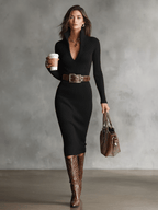 Sukienka Damska | Midi Bodycon z Półzamkiem i Paskiem - Arkadya Outlet - Dresses
