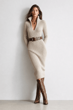 Sukienka Damska | Midi Bodycon z Półzamkiem i Paskiem - Arkadya Outlet - Dresses