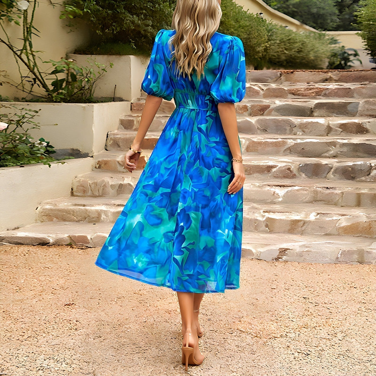 Sukienka Damska Midi | Dekolt V i bufiaste rękawy - Arkadya Outlet - Dresses