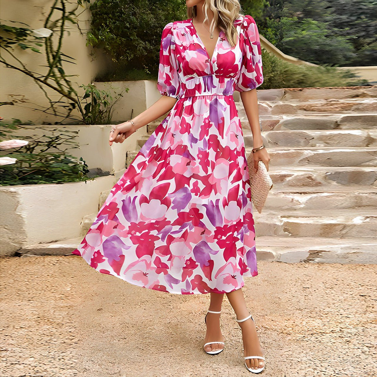 Sukienka Damska Midi | Dekolt V i bufiaste rękawy - Arkadya Outlet - Dresses