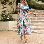 Sukienka Damska Midi | Dekolt V i bufiaste rękawy - Arkadya Outlet - Dresses