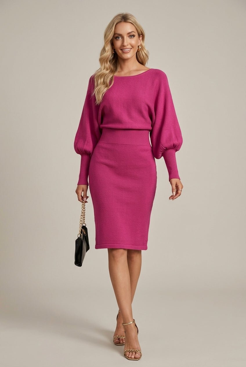 Sukienka Damska Midi | Dzianinowa z baloniastymi rękawami - Arkadya Outlet - Dresses