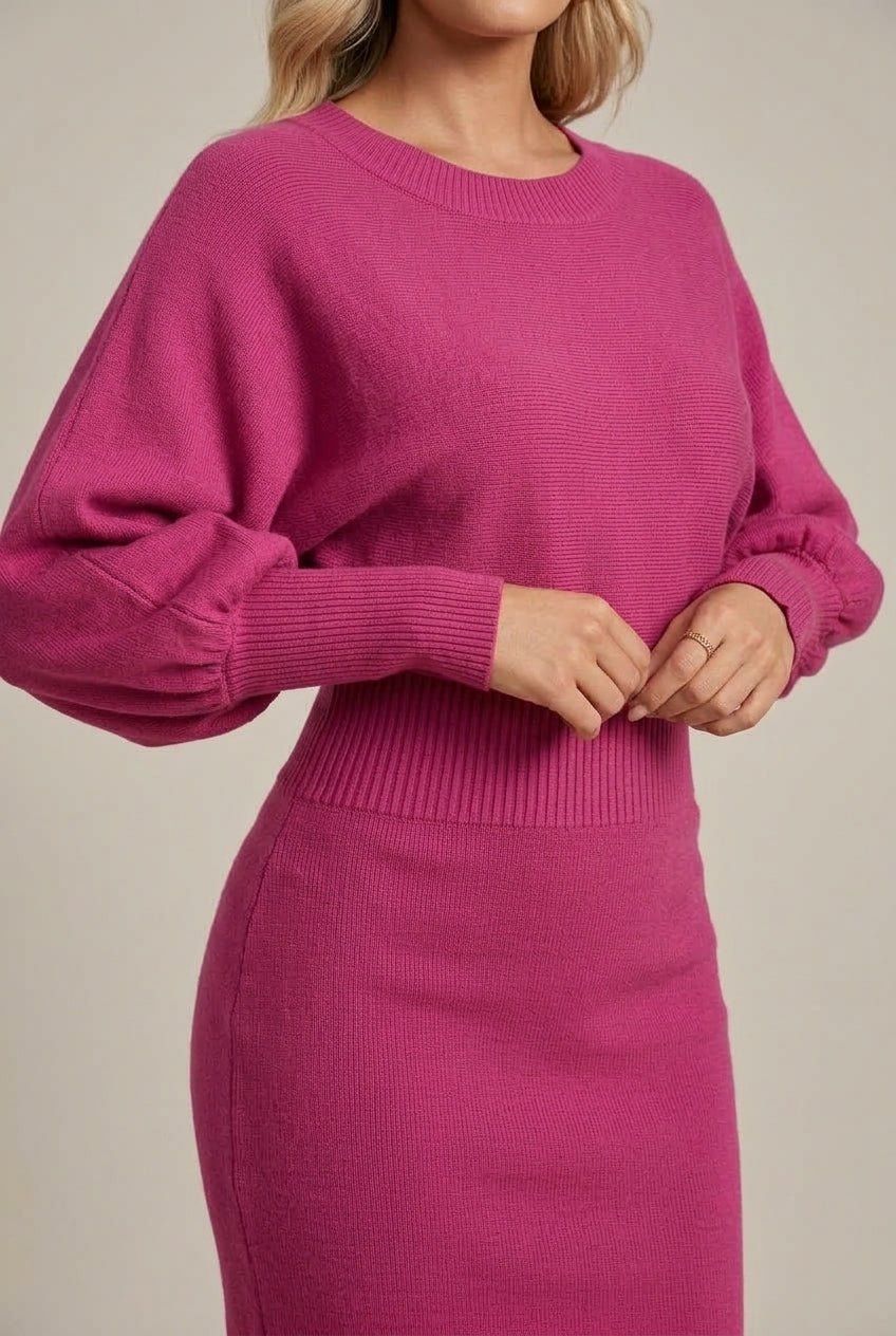 Sukienka Damska Midi | Dzianinowa z baloniastymi rękawami - Arkadya Outlet - Dresses