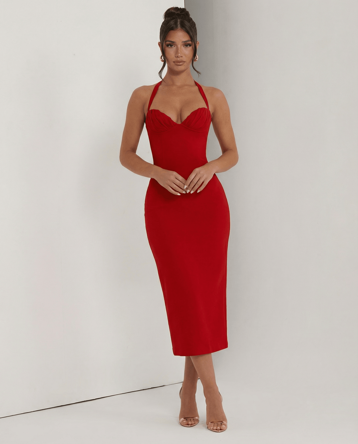 Sukienka Damska Midi | Gorsetowy tył z wiązaniem i rozcięciem - Arkadya Outlet - Dresses