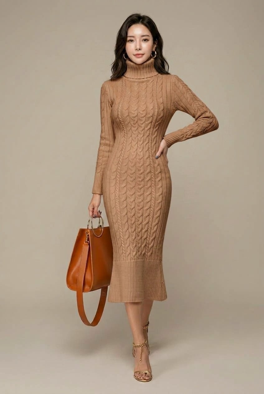 Sukienka Damska | Midi z golfem i splotem warkoczowym - Arkadya Outlet - Dresses