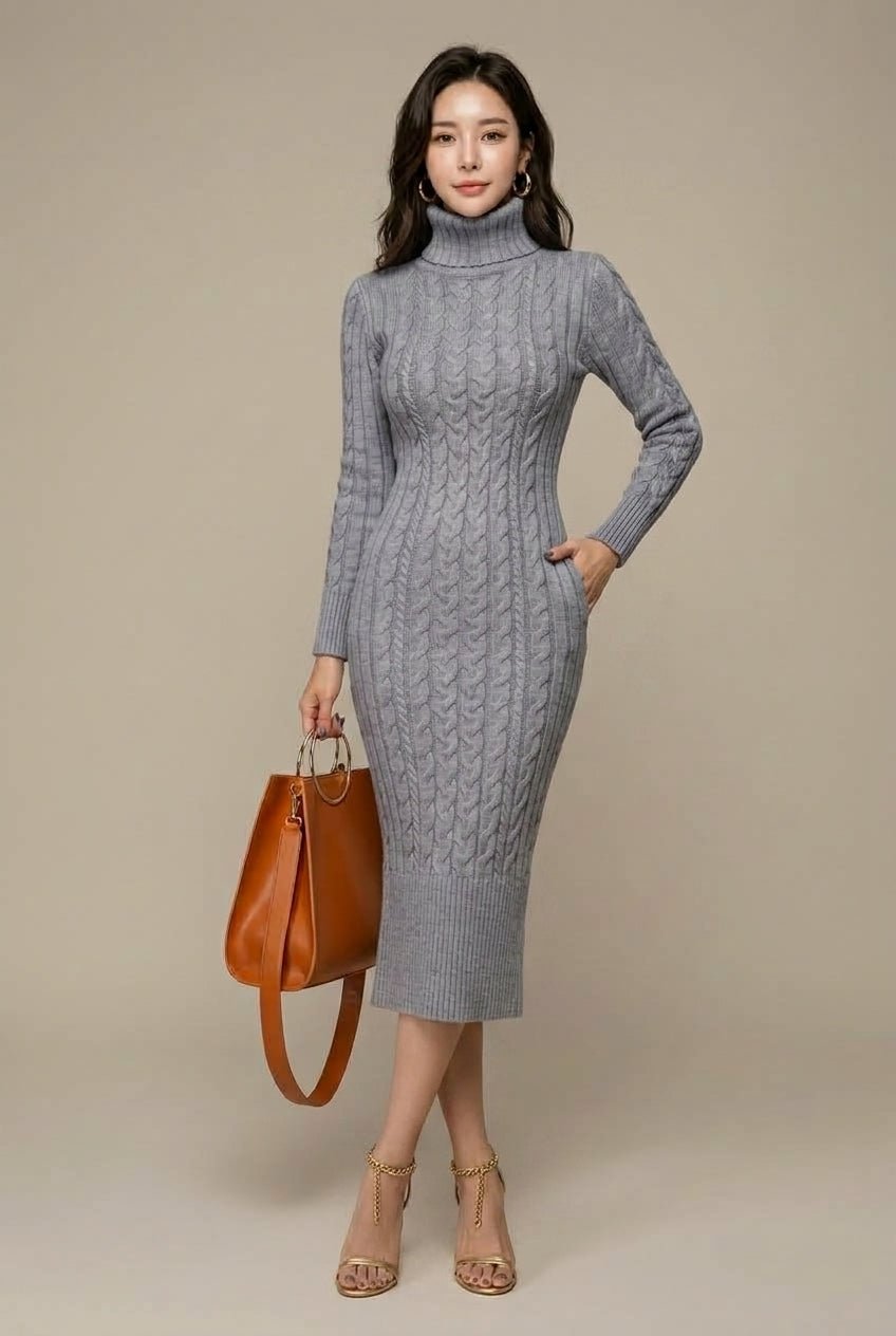 Sukienka Damska | Midi z golfem i splotem warkoczowym - Arkadya Outlet - Dresses