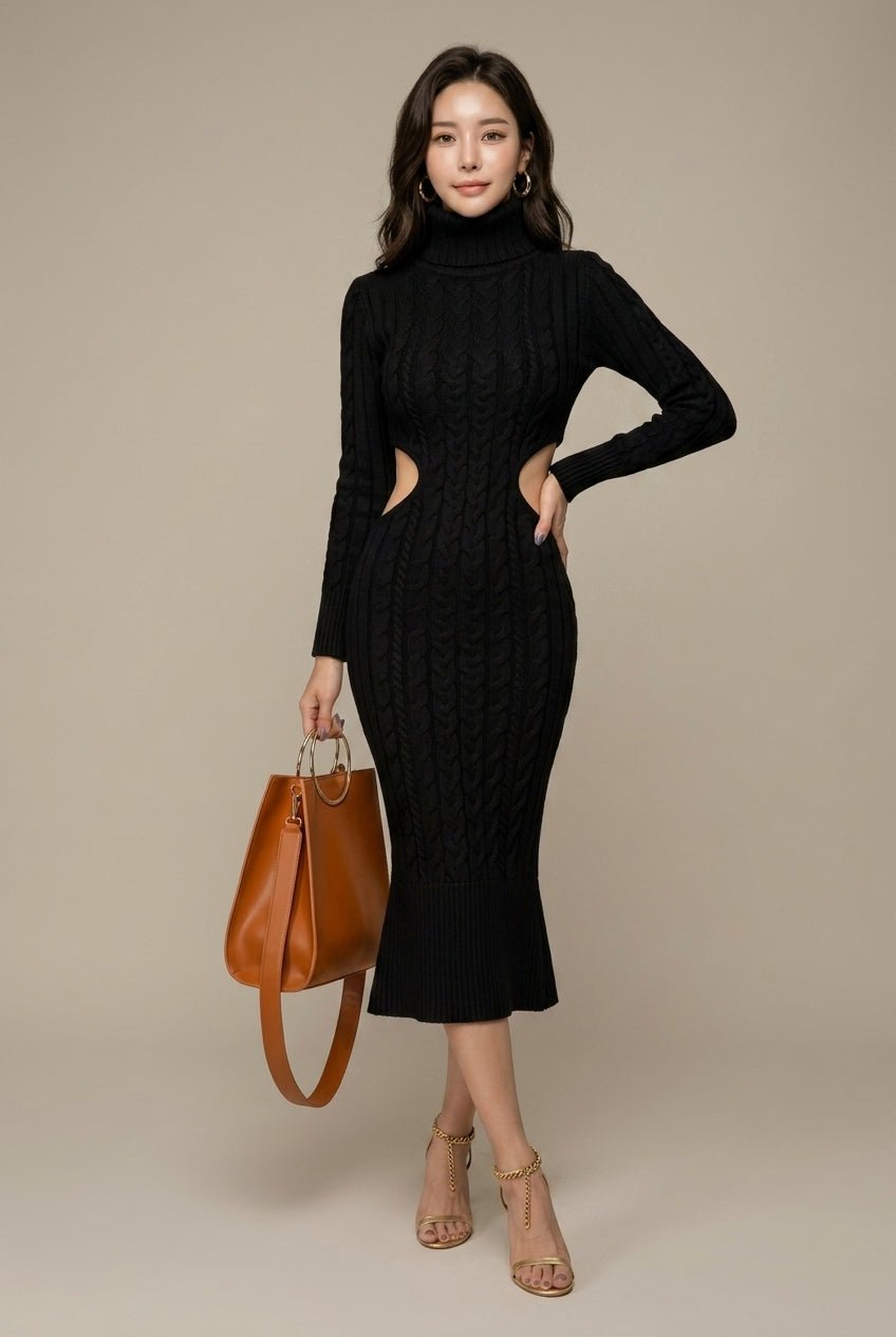 Sukienka Damska | Midi z golfem i splotem warkoczowym - Arkadya Outlet - Dresses