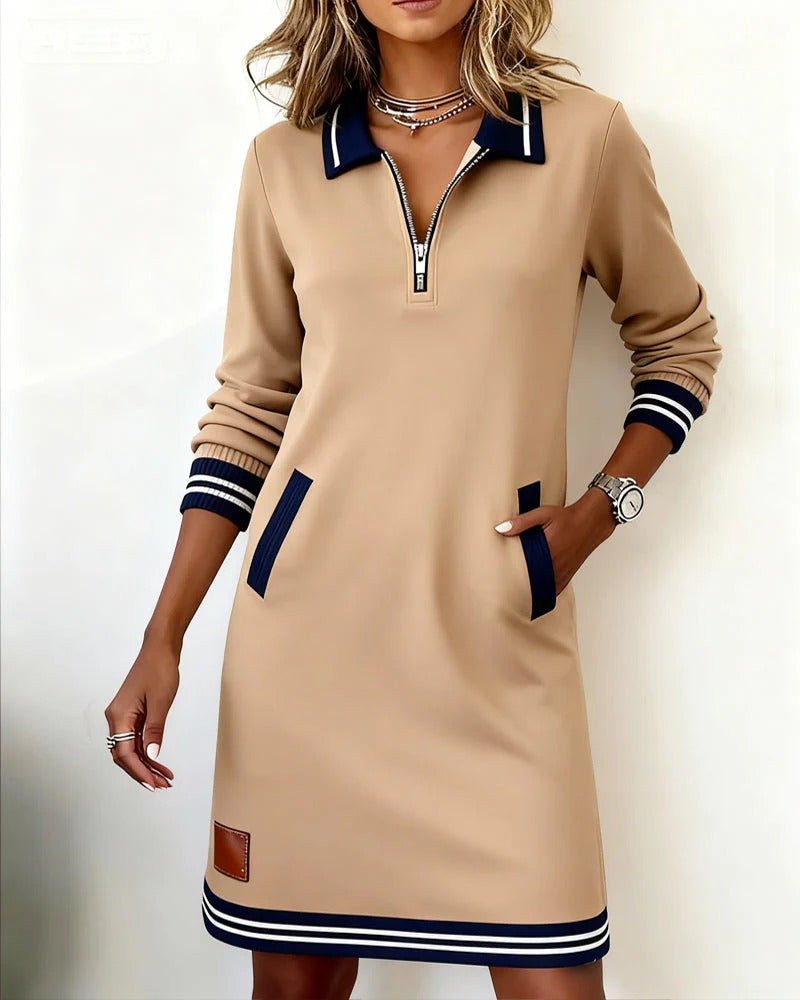 Sukienka Damska Midi | Zamek ćwierć i kontrastowe paski na mankietach - Arkadya Outlet - Dresses
