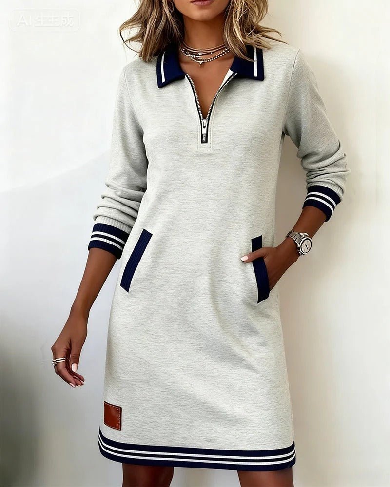Sukienka Damska Midi | Zamek ćwierć i kontrastowe paski na mankietach - Arkadya Outlet - Dresses