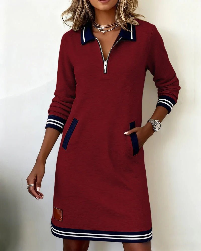 Sukienka Damska Midi | Zamek ćwierć i kontrastowe paski na mankietach - Arkadya Outlet - Dresses