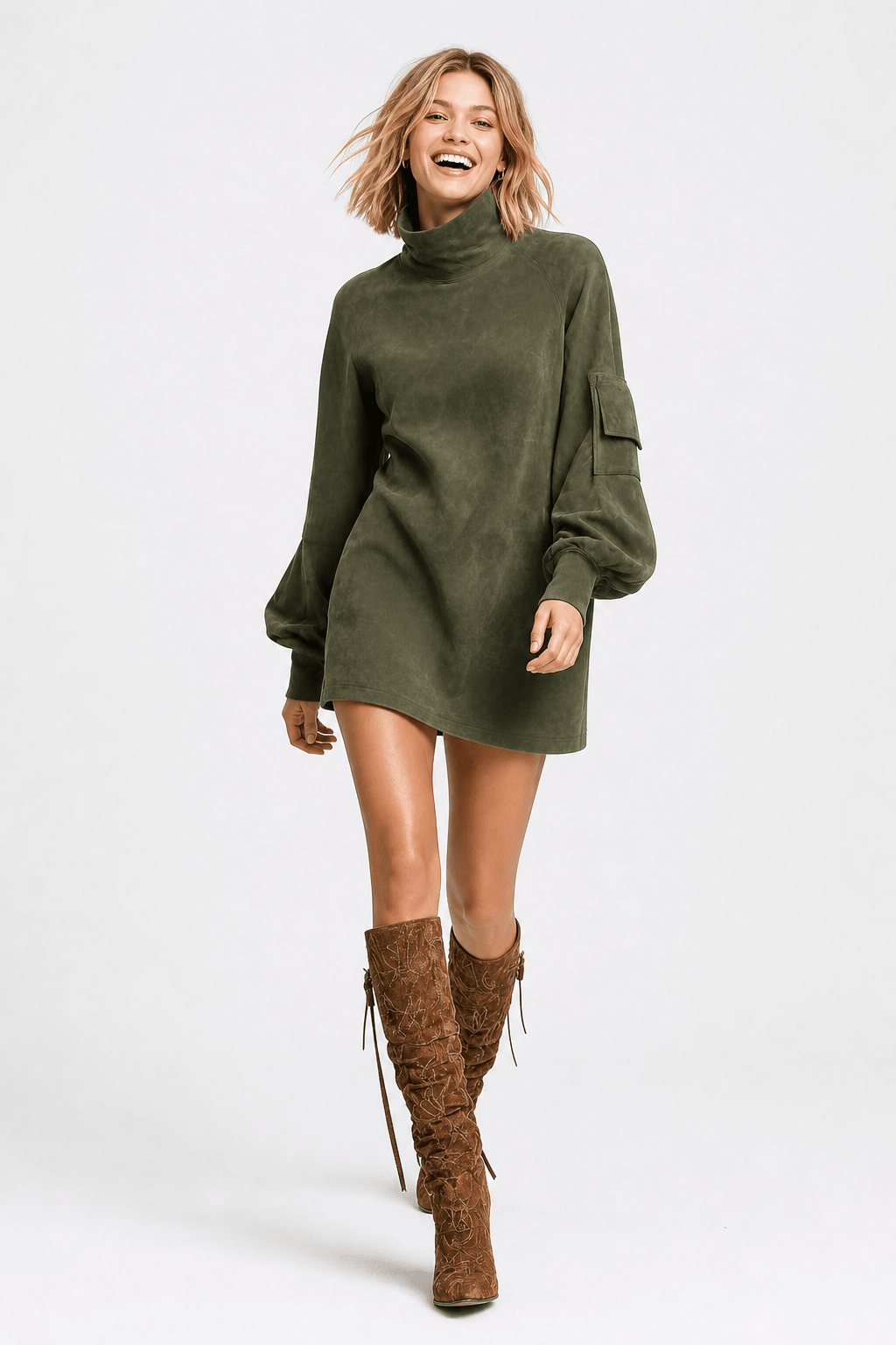 Sukienka Damska Mini | Oversizowy Fason z Golfem i Kieszeniami - Arkadya Outlet - Dresses